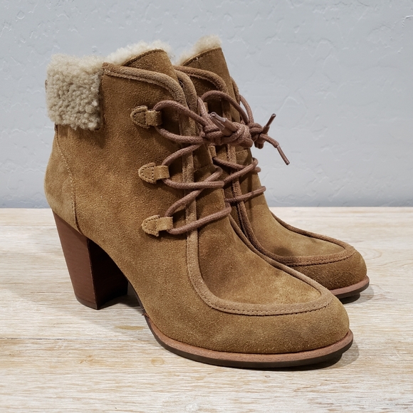 NWOB! UGG "ANALISE" Women's Suede Sheepskin High Heel Ankle Boots (8) Chestnut - Picture 4 of 10